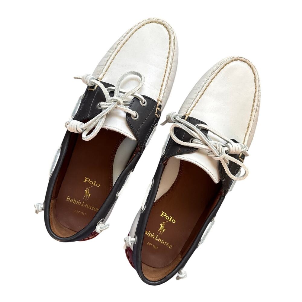 Polo Ralph Lauren Merton Boat Shoes Red White Blue Leather Size 9.5